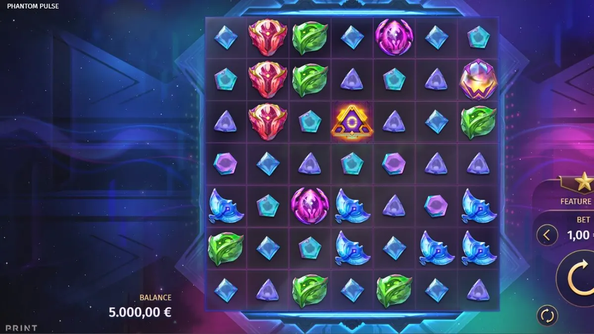 Interface futurista e cósmica do slot Phantom Pulse com grade de 7x7